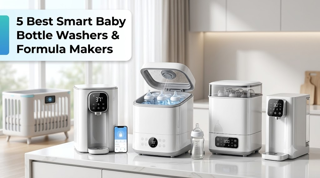 Five smart baby bottle appliances compared in 2026 — Baby Brezza formula maker, Baby Brezza Bottle Washer Pro, Momcozy KleanPal Pro, Papablic sterilizer, and Grownsy bottle warmer